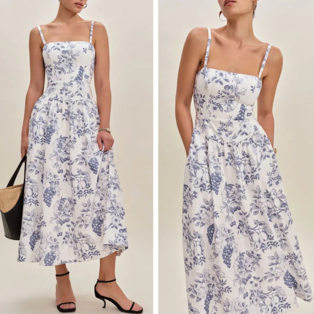 Reformation Katarin Linen Midi Dress Sz2 Carla Blue White Floral Casual Party